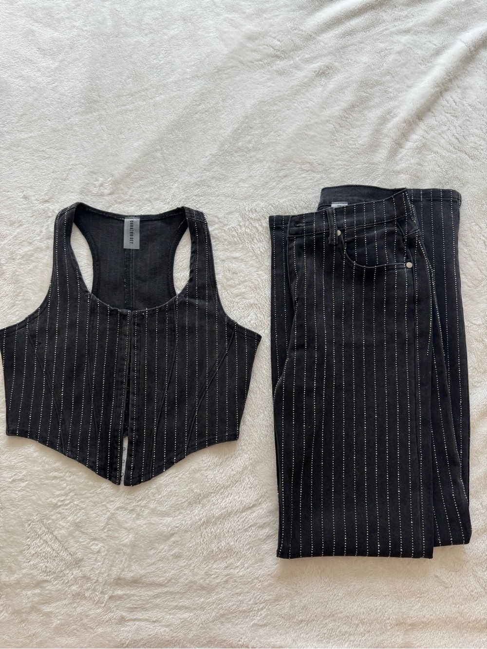 Women's Black Denim Bedazzled Pinstripe High-Rise Pants & Cropped Tank Set